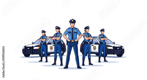 A team of confident police officers, rendered as a clean vector illustration, stand in front of their patrol cars against a bright white background, conveying authority and safety