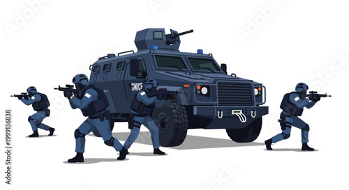 Vector illustration showing a tactical response team securing an area, with officers in full gear and an armored vehicle, rendered in a flat, graphic style against a clean white background