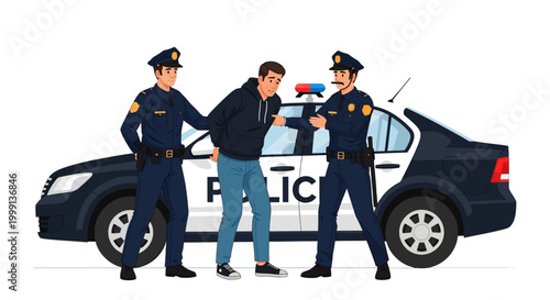 Illustrated scene of two police officers arresting a man in front of a police car, rendered in a flat vector style with a focus on law enforcement against a clean white background