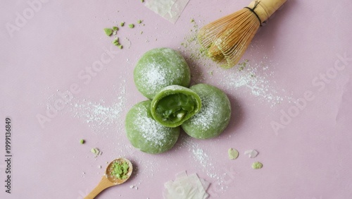 Matcha green tea mochi rice cakes on a purple background