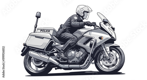 A vector illustration depicts a police officer character riding a motorcycle in a side view, against a clean white background, rendered with bold lines and a monochromatic color scheme