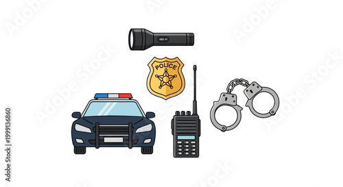 Illustrated police equipment including a car and handcuffs arranged on a white background in a flat lay composition, presenting a clean and simple vector style suitable for various