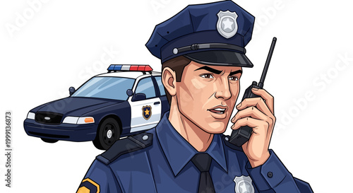 Illustrated police officer character communicating via radio with a serious expression, depicted in a comic-book style against a white background, with a police car visible in the scene