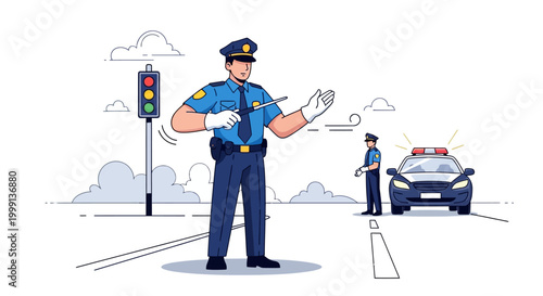 Detailed vector illustration of a police officer directing traffic with a traffic light in the background and another officer with a police car on the road, depicted with flat lines