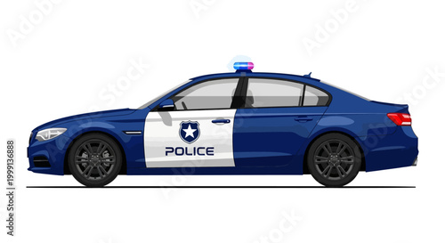 Detailed vector illustration showcasing a blue and white police car design, complete with emergency lights and official insignia, presented against a clean white background