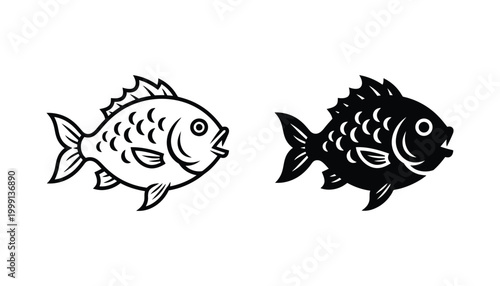 Freshwater fish swimming icon pair in detailed line art and solid black silhouette style for fishing and nature themed graphic design