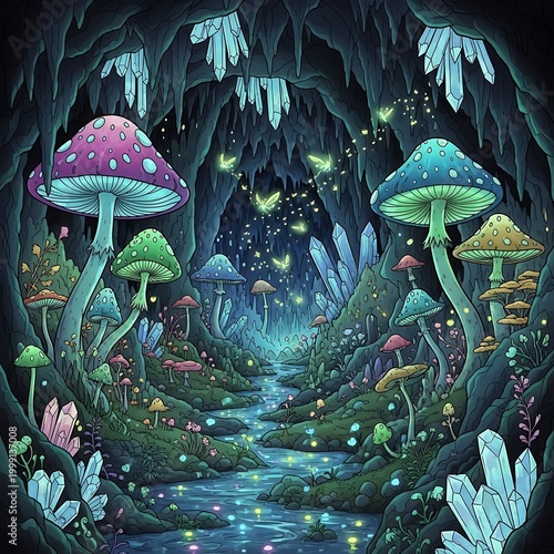 Whimsical forest with glowing mushrooms stream.