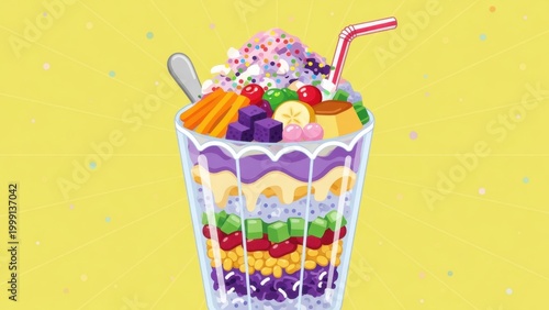 Colorful Filipino halo-halo dessert with shaved ice and toppings