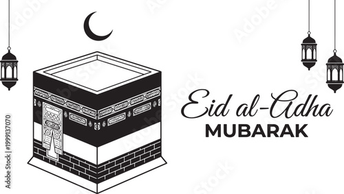 Eid aladha mubarak greeting with kaaba and lanterns