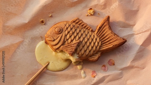 Fish-shaped cake with custard filling on paper with flower petals