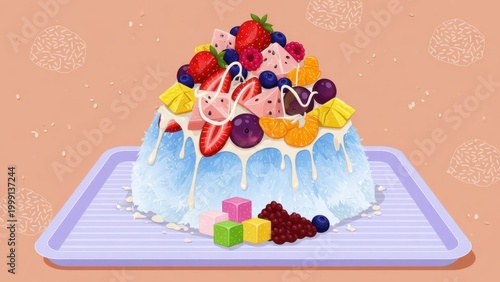 Shaved ice dessert topped with assorted fresh fruit and syrup