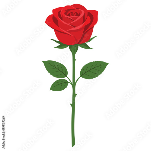 A beautifully simple yet elegant illustration of a single vibrant red rose with a long green stem and leaves, standing upright against a stark black background.