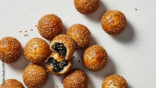 Fried sesame balls with black sesame filling on white background