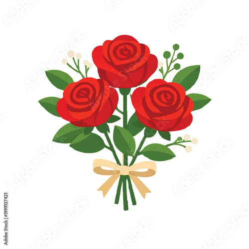 A charming illustration depicting a classic bouquet of three vibrant red roses with green foliage and white filler flowers, elegantly tied with a light brown ribbon.