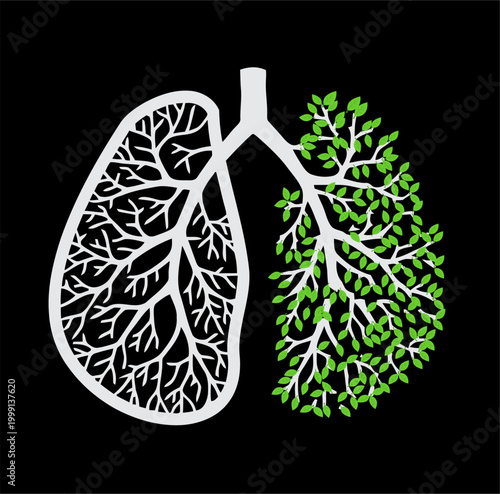 This symbolic illustration depicts human lungs where one side consists of bare white branches and the other is lush with vibrant green leaves, representing the connection between nature and breath.