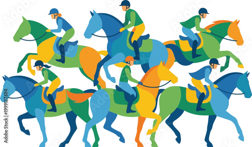 Horseback riders compete in a dynamic flat vector illustration showing multiple colorful equestrians galloping.
