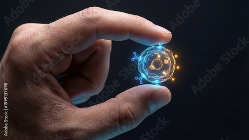 Tiny biological cell with glowing particles and antibodies held between fingers