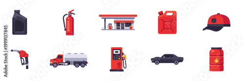 Set of gas station service and fuel industry icons, automotive equipment, transport and safety, colorful collection with illustrations