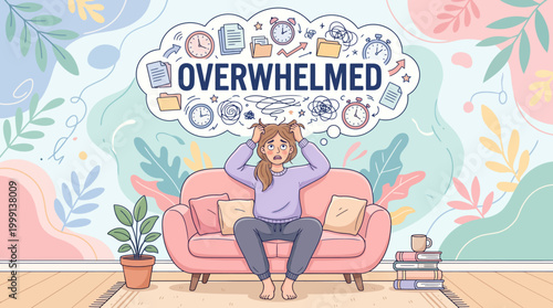 Woman on Sofa Feeling Overwhelmed by Digital Notifications and Thoughts.