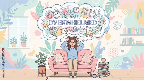 Overwhelmed young woman sitting on couch with stacks of books and floating task icons.