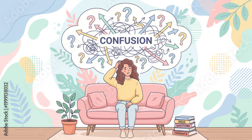 Young woman sitting on sofa surrounded by confusion and question marks.