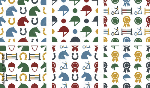 Equestrian equipment and horse icons are organized into a colorful grid of distinct patterns for sports.