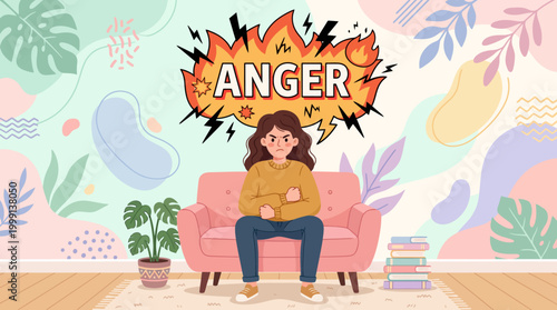Illustration of a young person sitting angrily on a sofa with a comic anger burst.