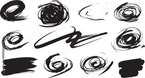 Black brush strokes and swirls on white background