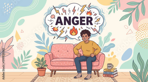Illustration of a frustrated man sitting on a couch expressing anger in a living room scene.