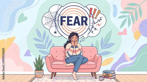 Illustration of a woman on a sofa experiencing fear and anxiety at home.