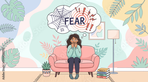 Young woman on couch overwhelmed by fear represented as a web and speech bubble above her head.