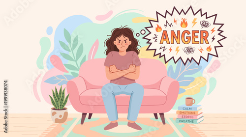 Illustration of an angry woman sitting on a pink sofa with speech bubble.
