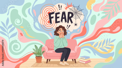 Young woman sitting on sofa overwhelmed by fear and anxious thoughts.