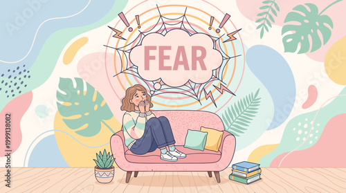 Woman sitting on couch inside a fear spiderweb illustration.
