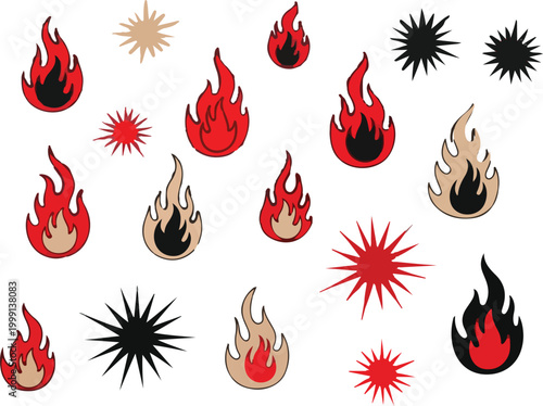 Set of cartoon fire flames and blasts