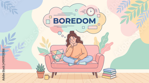 Young woman sitting on couch feeling boredom and restlessness.