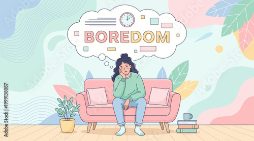Woman sitting on sofa with phone and boredom thought bubble.