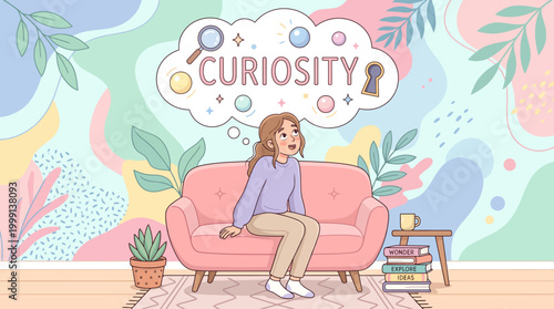 Young woman on sofa imagining curiosity with thought bubble and books.