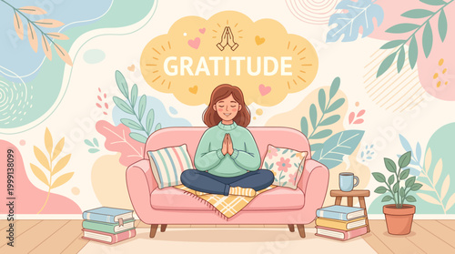 Woman on cozy sofa practicing gratitude and mindful reading at home.