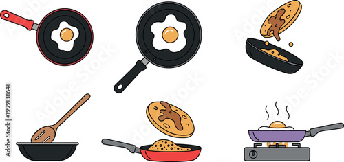 Frying pan cooking set with eggs and pancakes vector illustration collection kitchen utensils breakfast food preparation isolated design pack