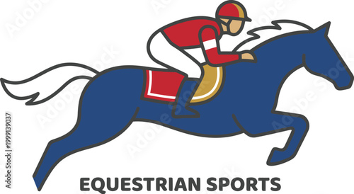Equestrian rider on a jumping horse performs an athletic maneuver in a clean graphic style for sports branding.