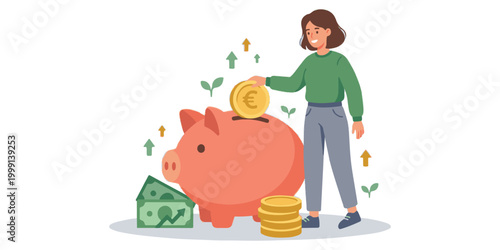 illustration of a woman saving money in a piggy bank