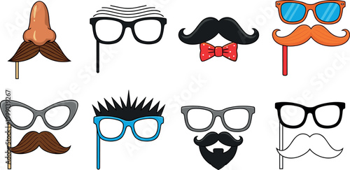 Funny photo booth props set with glasses mustaches and nose vector illustration collection party accessories isolated design pack