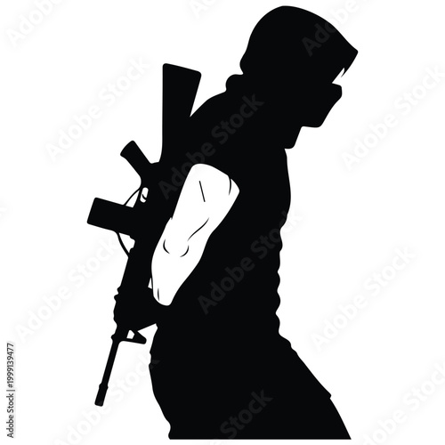 Special forces soldier vector silhouette illustration. masked military man line art back.