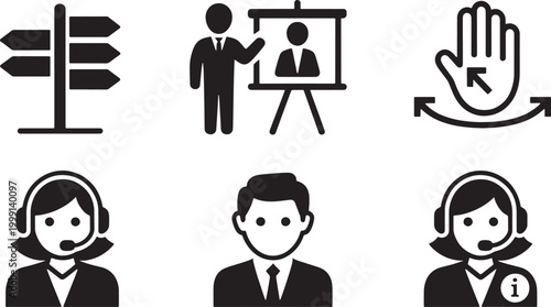 Collection of six black and white business depicting direction sign presenter and customer service