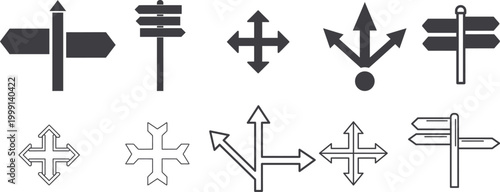 Black silhouette signpost icons directional signs and wayfinding symbols collection