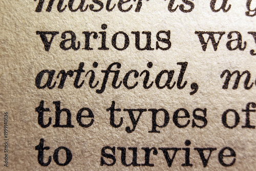 Konstfotografi Word artificial printed on dictionary page, macro close up