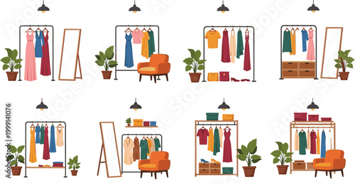 Fashion boutique interior scenes with clothing racks mirrors and plants illustration, retail store setup collection for apparel display and shopping environment isolated on white