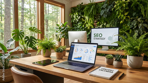 Eco-Friendly Workspace: Combining Nature, Technology, and SEO Strategy for Productivity.