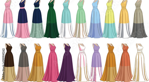 Elegant long evening gowns collection illustration, colorful women dresses set with flowing fabrics and formal fashion styles for luxury events isolated on white background